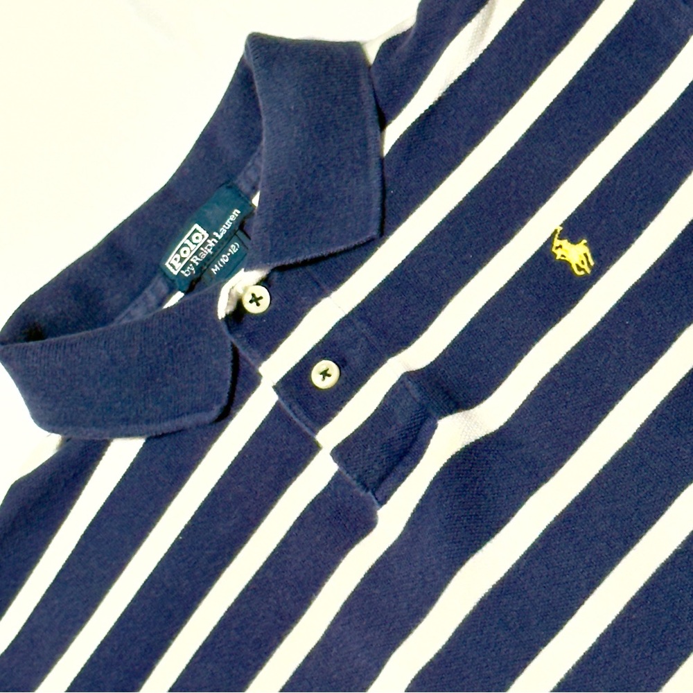 Polo Ralph Lauren Boys M (10-12) Navy Blue & White Striped Polo Shirt‎